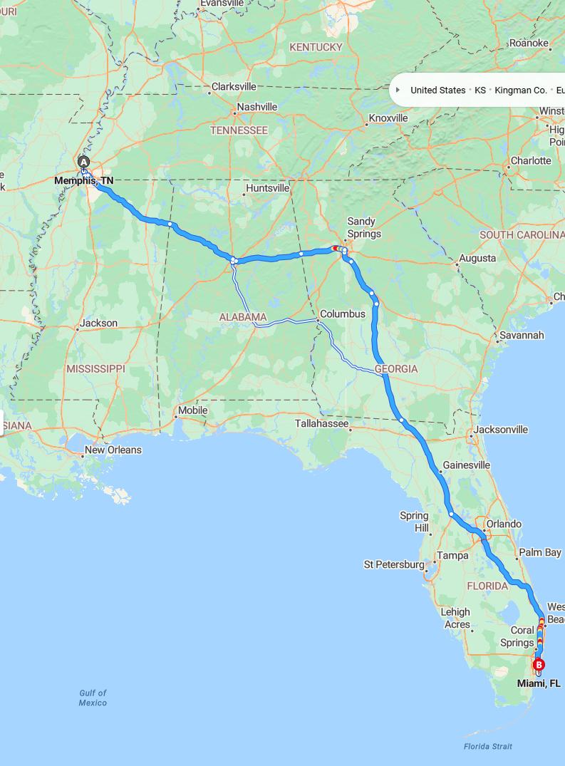 driving from Memphis, Tennessee to MiamiFlorida - map and route