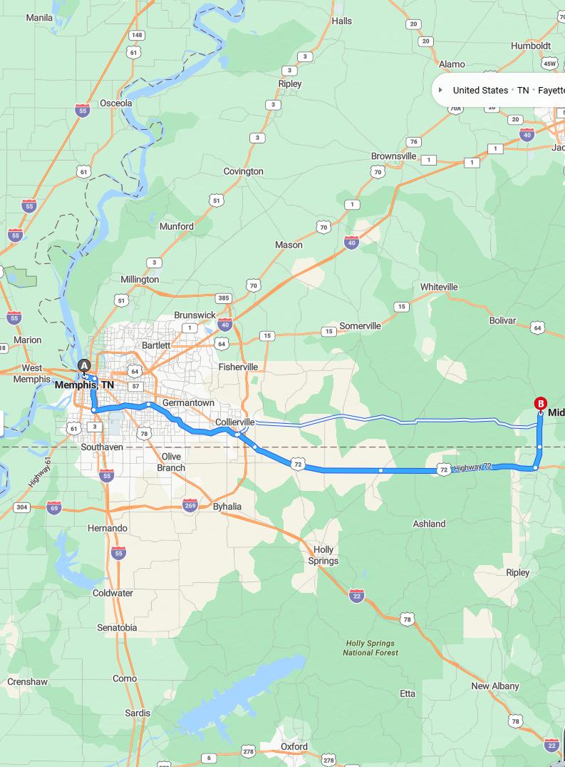 driving from Memphis, Tennessee to MiddletonTennessee - map and route