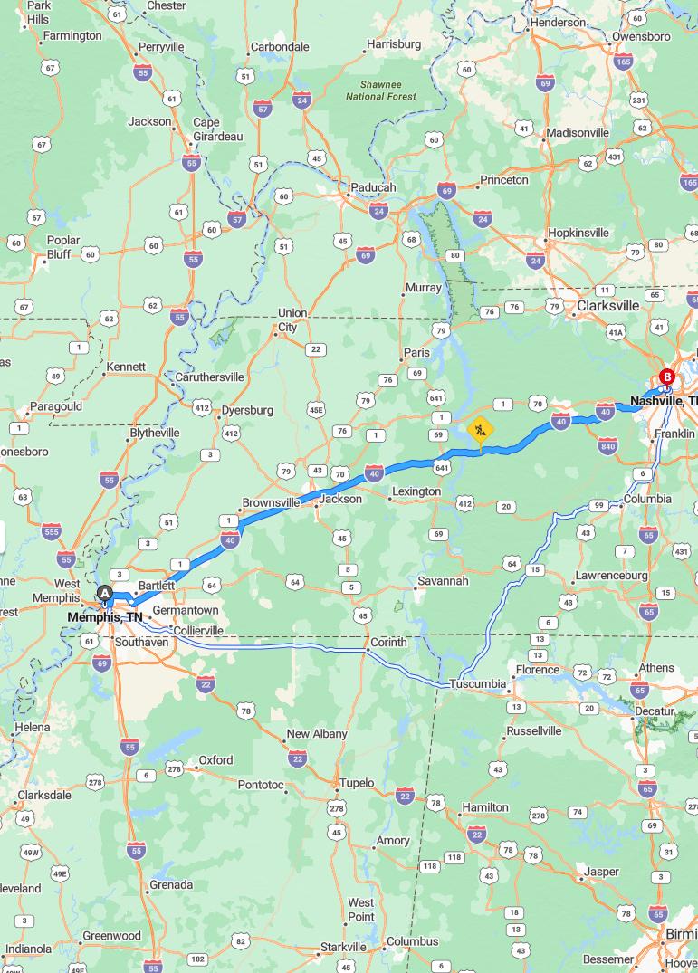 driving from Memphis, Tennessee to NashvilleTennessee - map and route