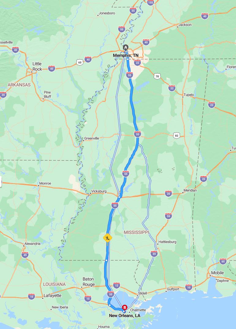 driving from Memphis, Tennessee to New OrleansLouisiana - map and route