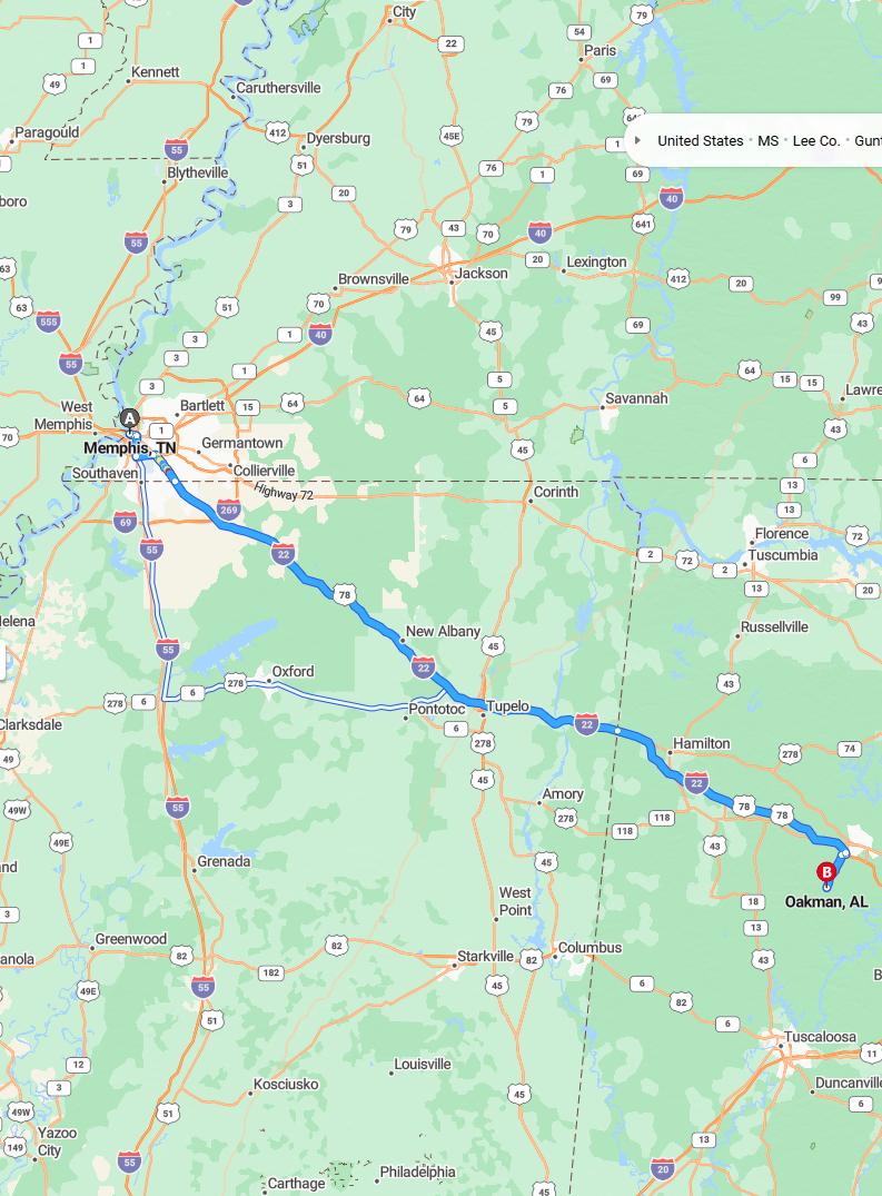 driving from Memphis, Tennessee to OakmanAlabama - map and route