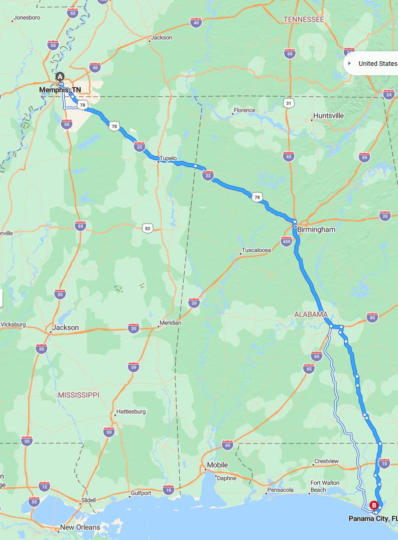 driving from Memphis, Tennessee to Panama CityFlorida - map and route