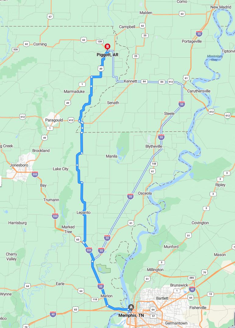 driving from Memphis, Tennessee to PiggottArkansas - map and route