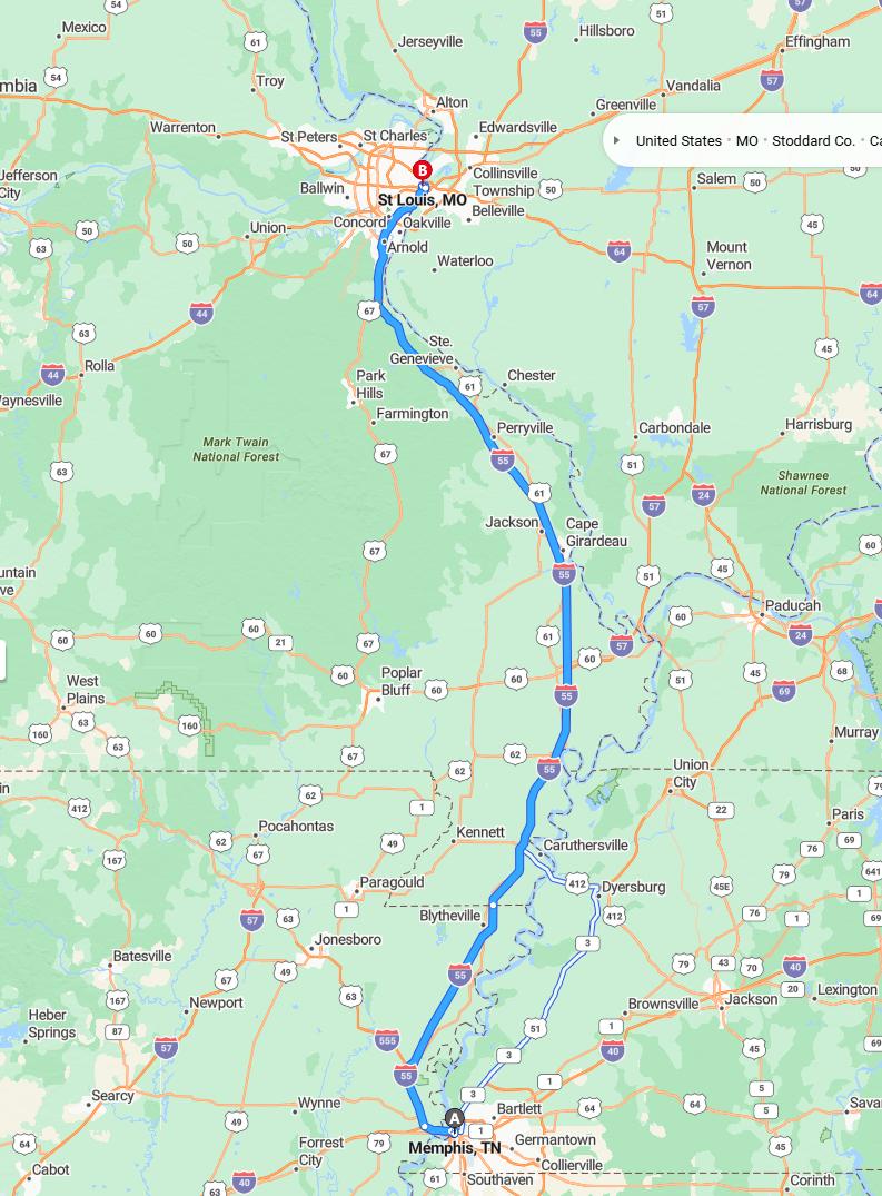 driving from Memphis, Tennessee to St. LouisMissouri - map and route