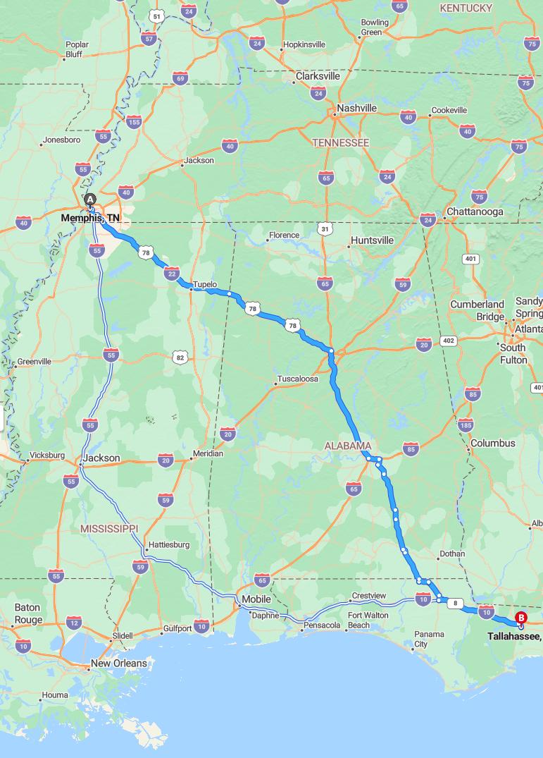 driving from Memphis, Tennessee to TallahasseeFlorida - map and route