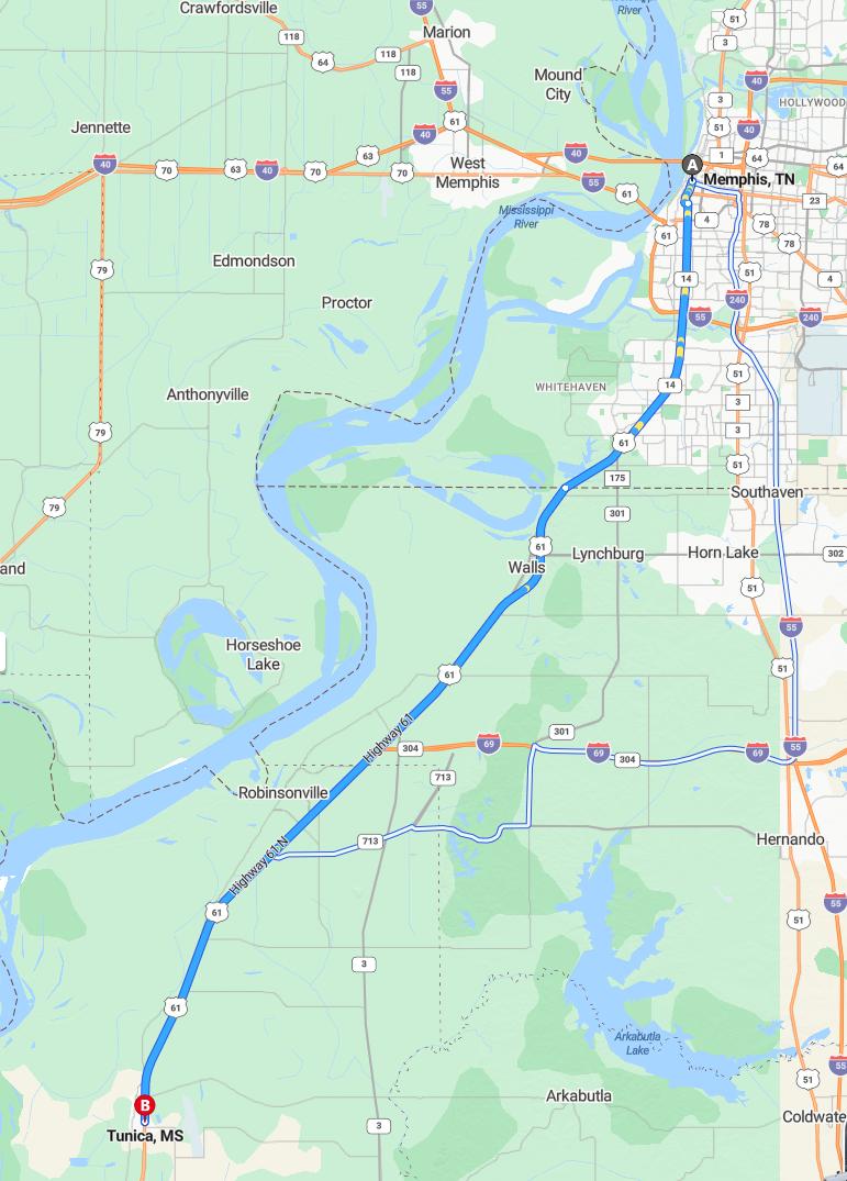 driving from Memphis, Tennessee to TunicaMississippi - map and route