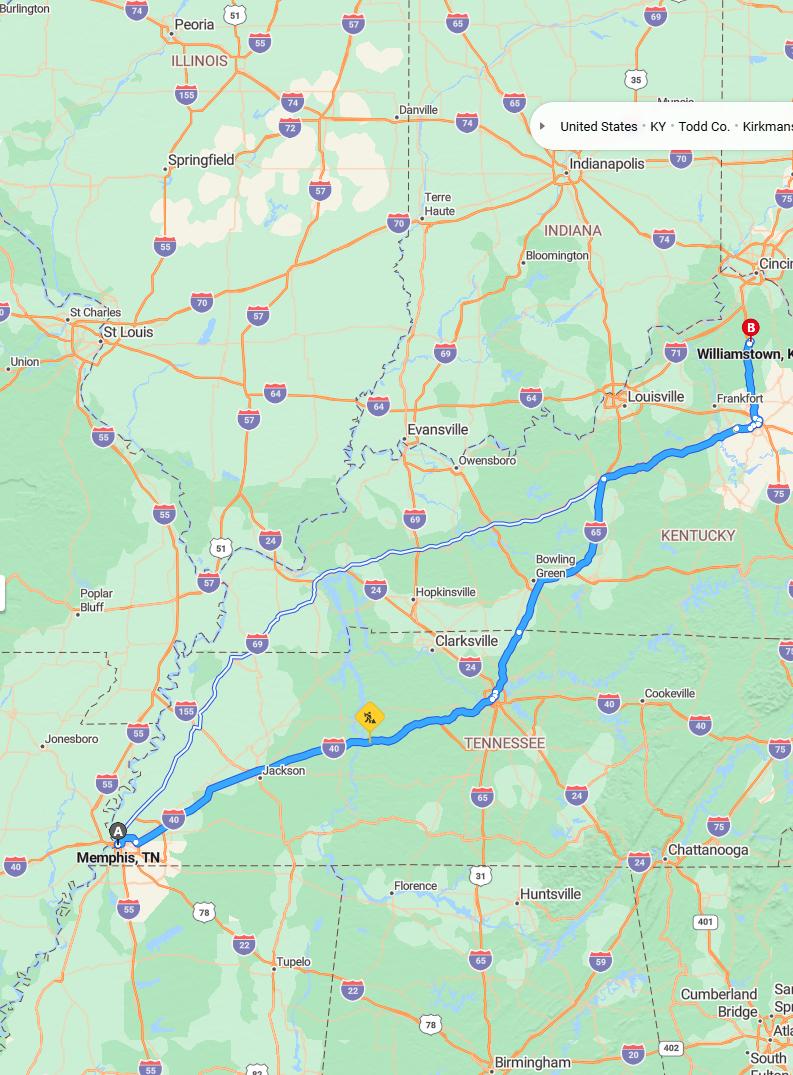 driving from Memphis, Tennessee to WilliamstownKentucky - map and route