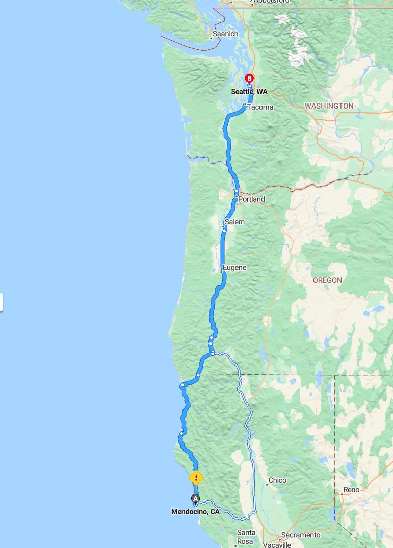 driving from Mendocino, California to SeattleWashington - map and route