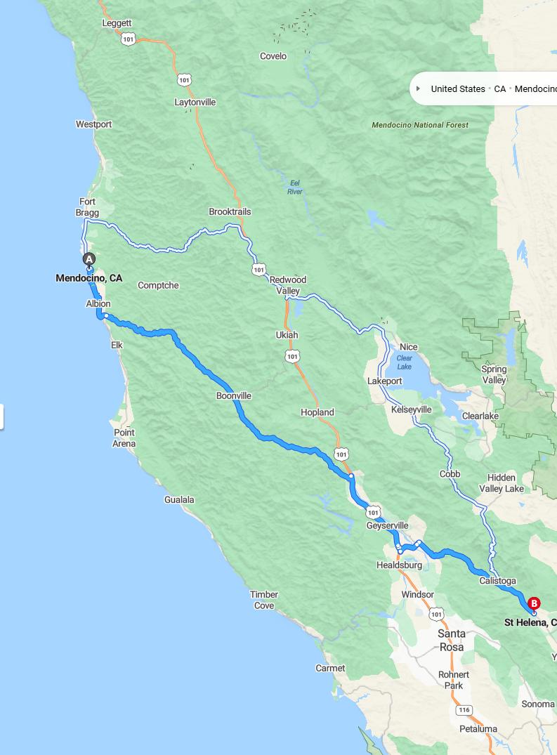 driving from Mendocino, California to St. HelenaCalifornia - map and route