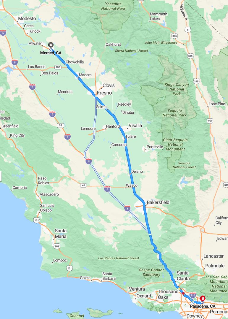 driving from Merced, California to PasadenaCalifornia - map and route