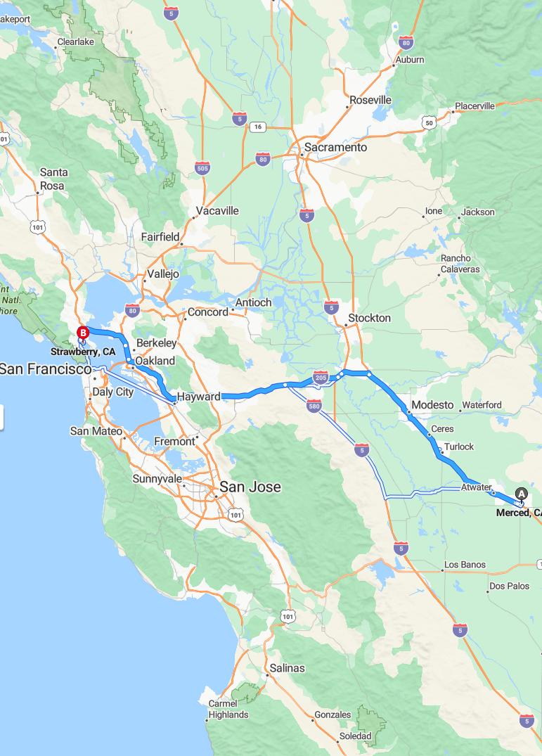 driving from Merced, California to StrawberryCalifornia - map and route