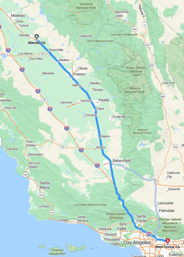 driving from Merced, California to West CovinaCalifornia - map and route