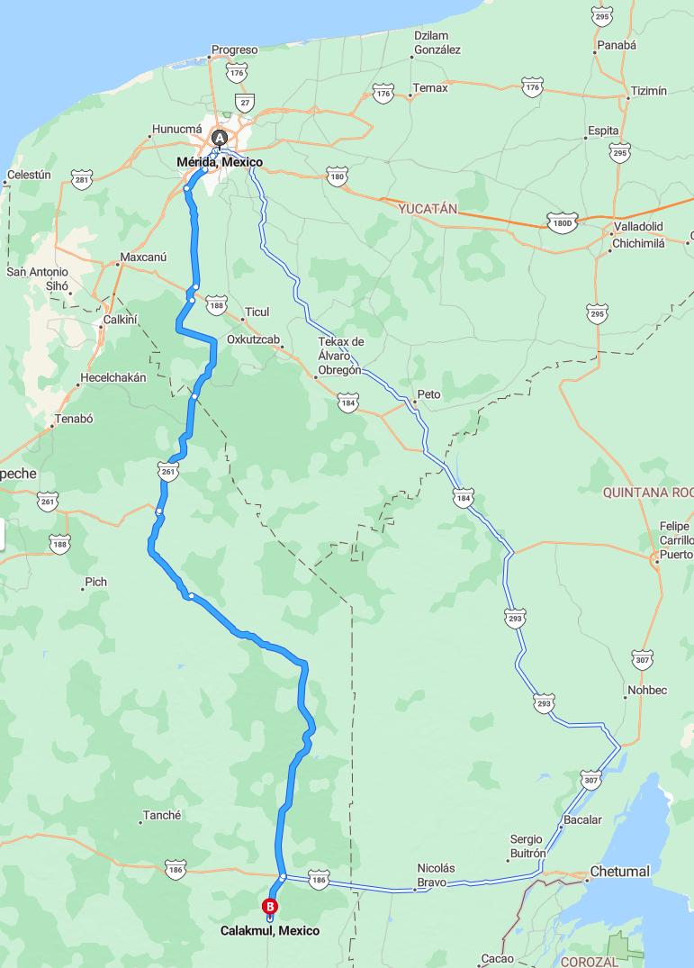 driving from Merida, Yucatan to CalakmulCampeche - map and route