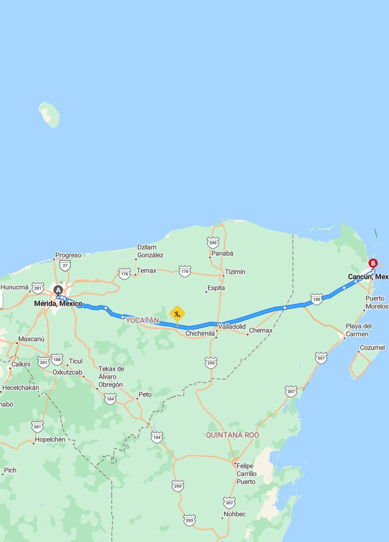 driving from Merida, Yucatan to CancunQuintana Roo - map and route