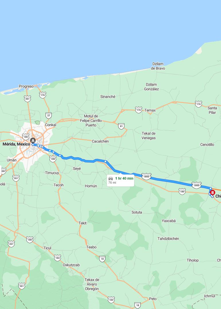 driving from Merida, Yucatan to Chichen ItzaYucatan - map and route