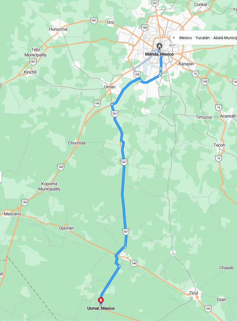 driving from Merida, Yucatan to UxmalYucatan - map and route