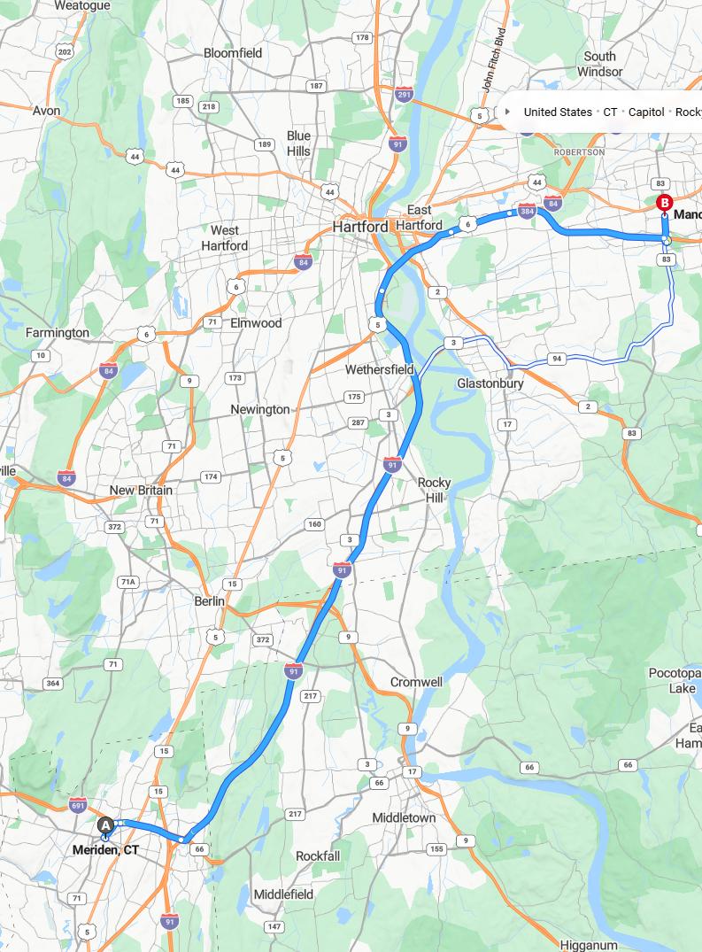 driving from Meriden, Connecticut to ManchesterConnecticut - map and route
