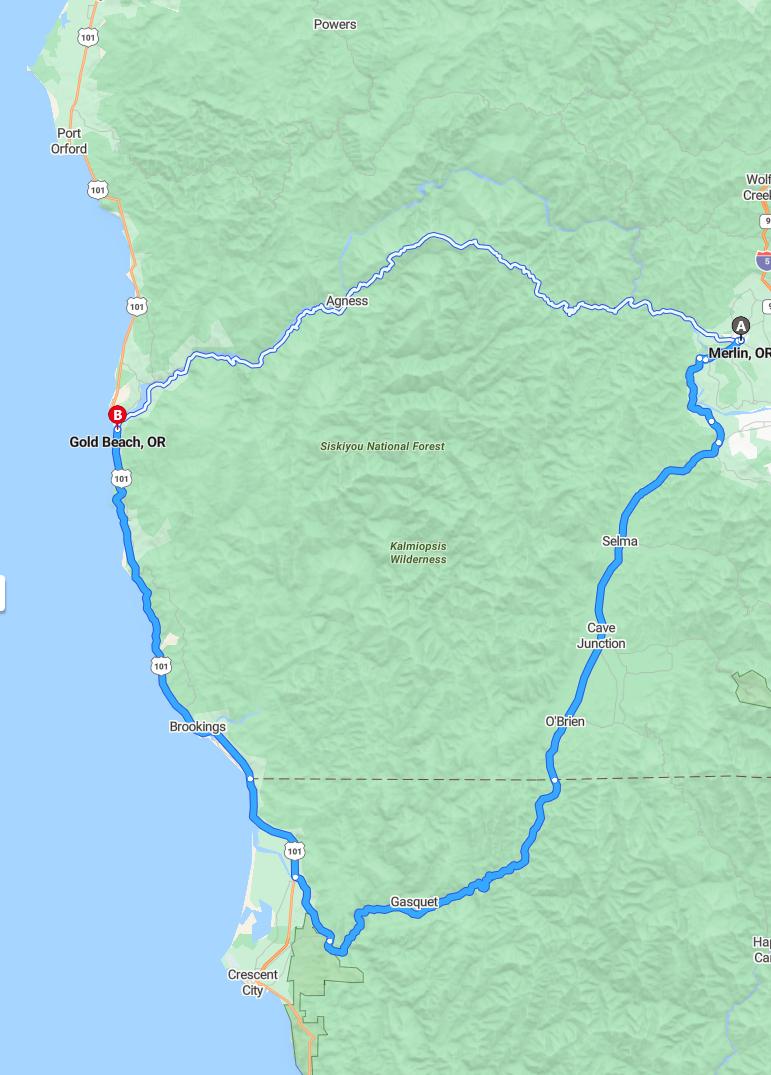 driving from Merlin, Oregon to Gold BeachOregon - map and route