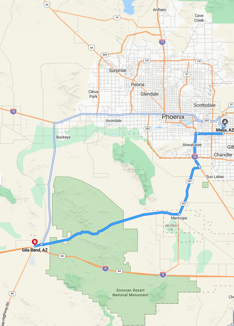 driving from Mesa, Arizona to Gila BendArizona - map and route