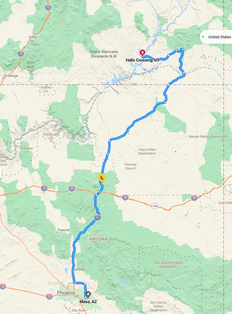 driving from Mesa, Arizona to Halls CrossingUtah - map and route