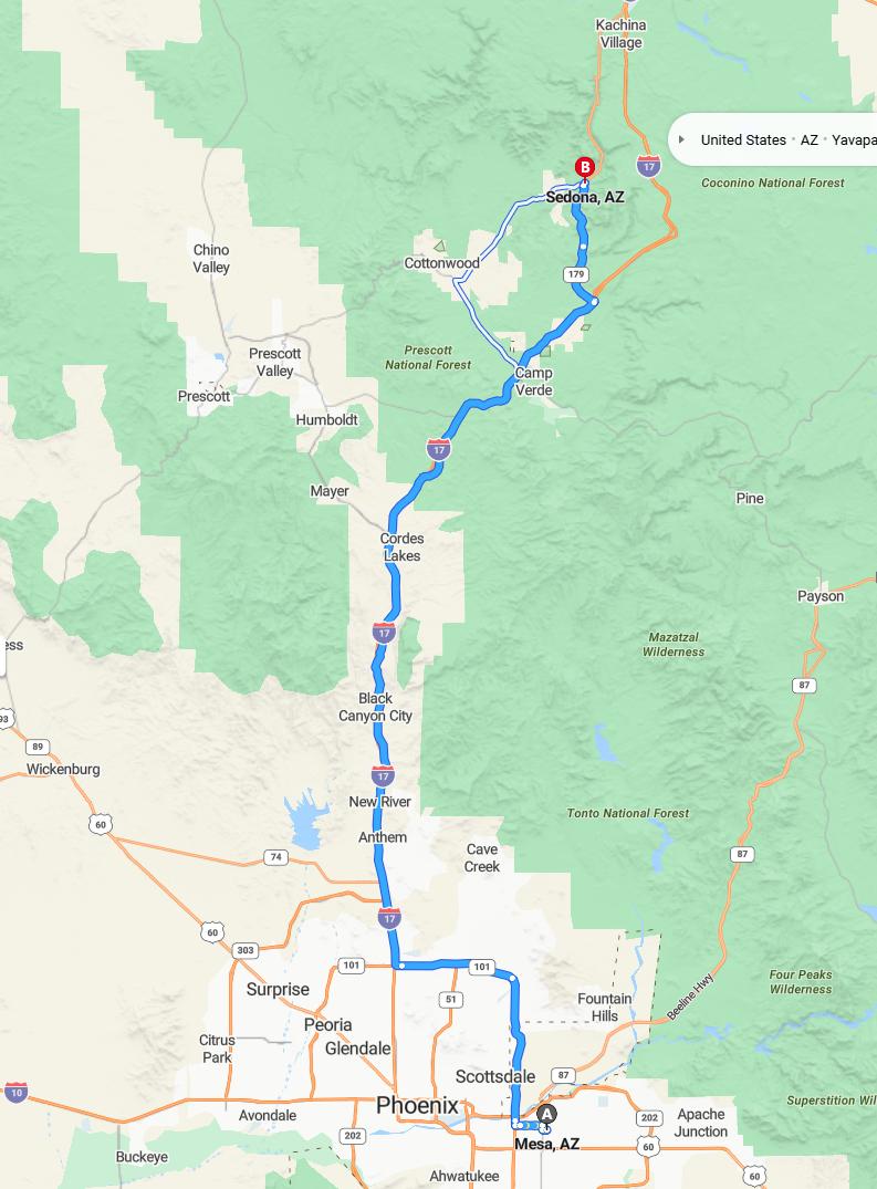driving from Mesa, Arizona to SedonaArizona - map and route