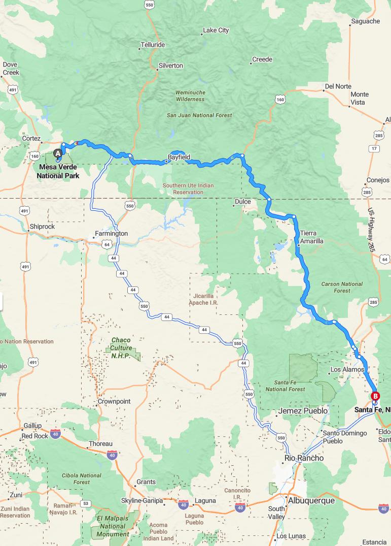 driving from Mesa Verde National Park, Colorado to Santa FeNew Mexico - map and route