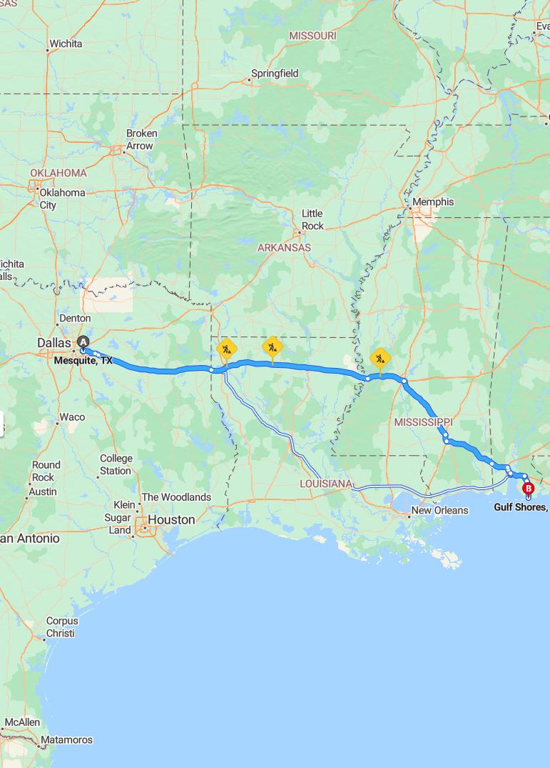 driving from Mesquite, Texas to Gulf ShoresAlabama - map and route