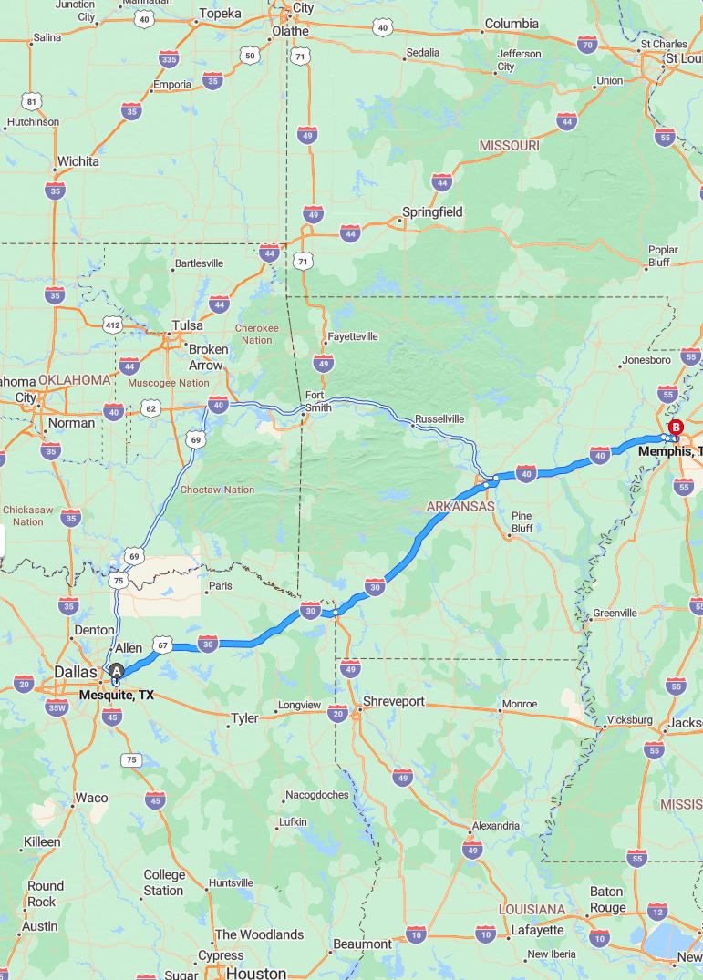 driving from Mesquite, Texas to MemphisTennessee - map and route