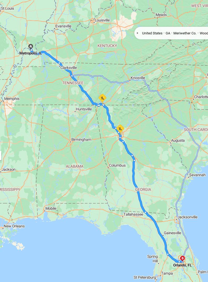 driving from Metropolis, Illinois to OrlandoFlorida - map and route