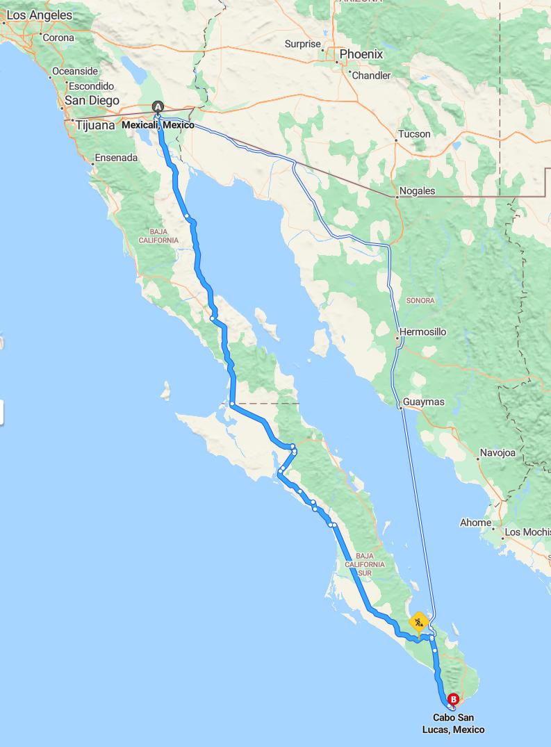 driving from Mexicali, Baja California to Cabo San LucasBaja California Sur - map and route