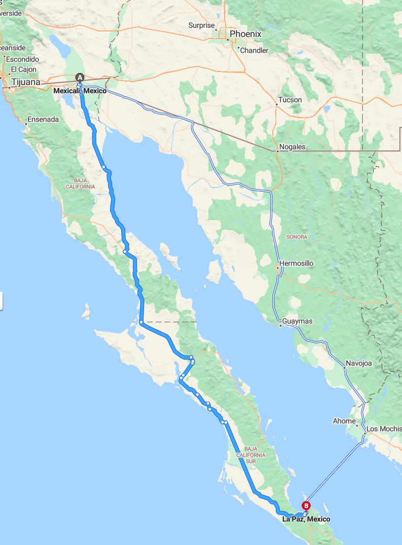driving from Mexicali, Baja California to La PazBaja California Sur - map and route