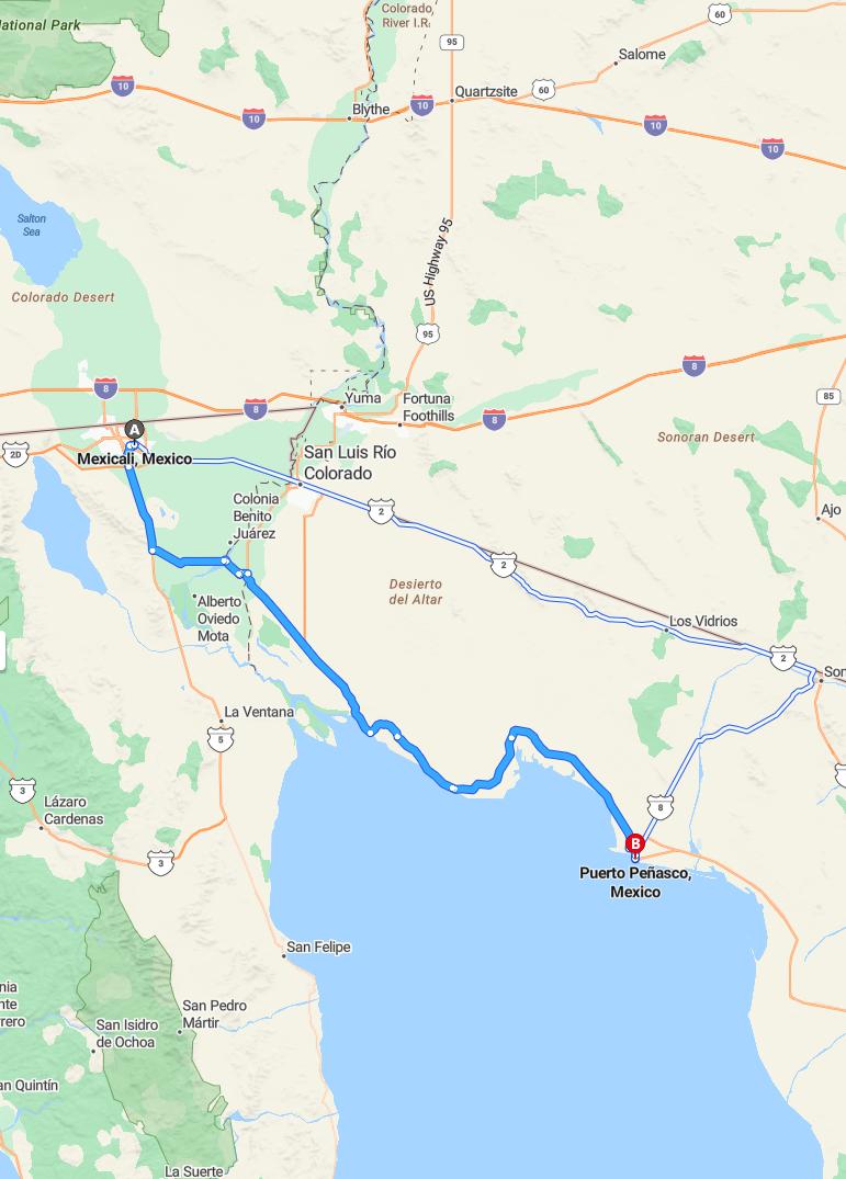 driving from Mexicali, Baja California to Puerto PenascoSonora - map and route