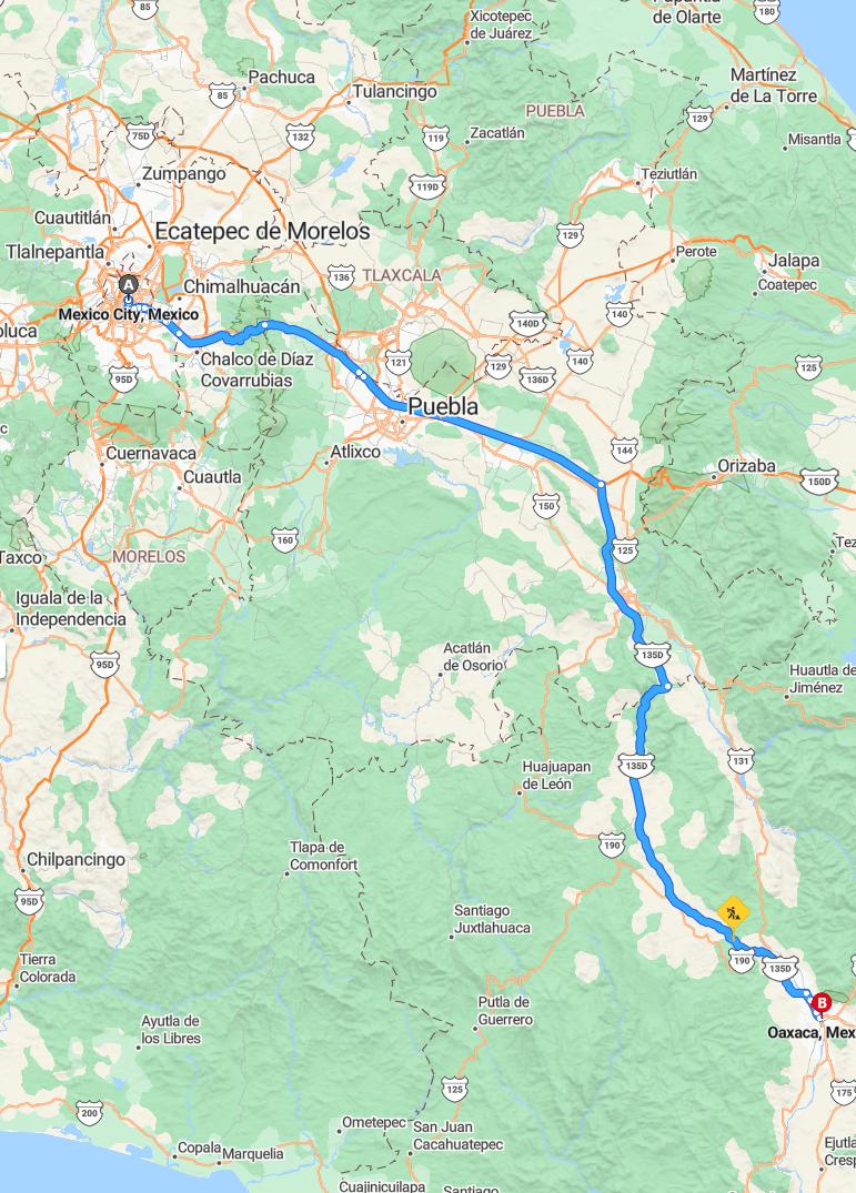 driving from Mexico City, Mexico to OaxacaOaxaca - map and route
