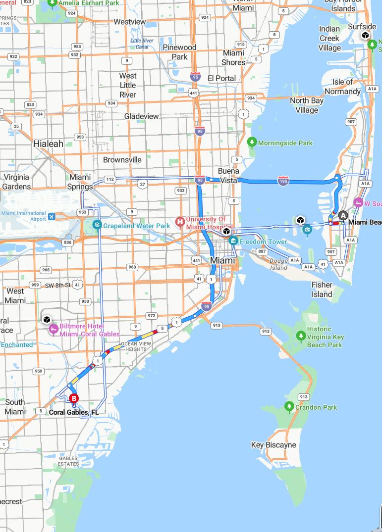 driving from Miami Beach, Florida to Coral GablesFlorida - map and route