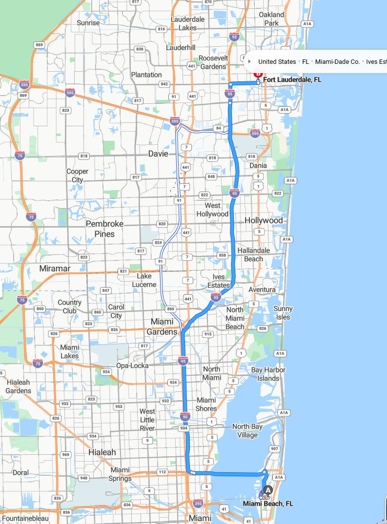 driving from Miami Beach, Florida to Fort LauderdaleFlorida - map and route