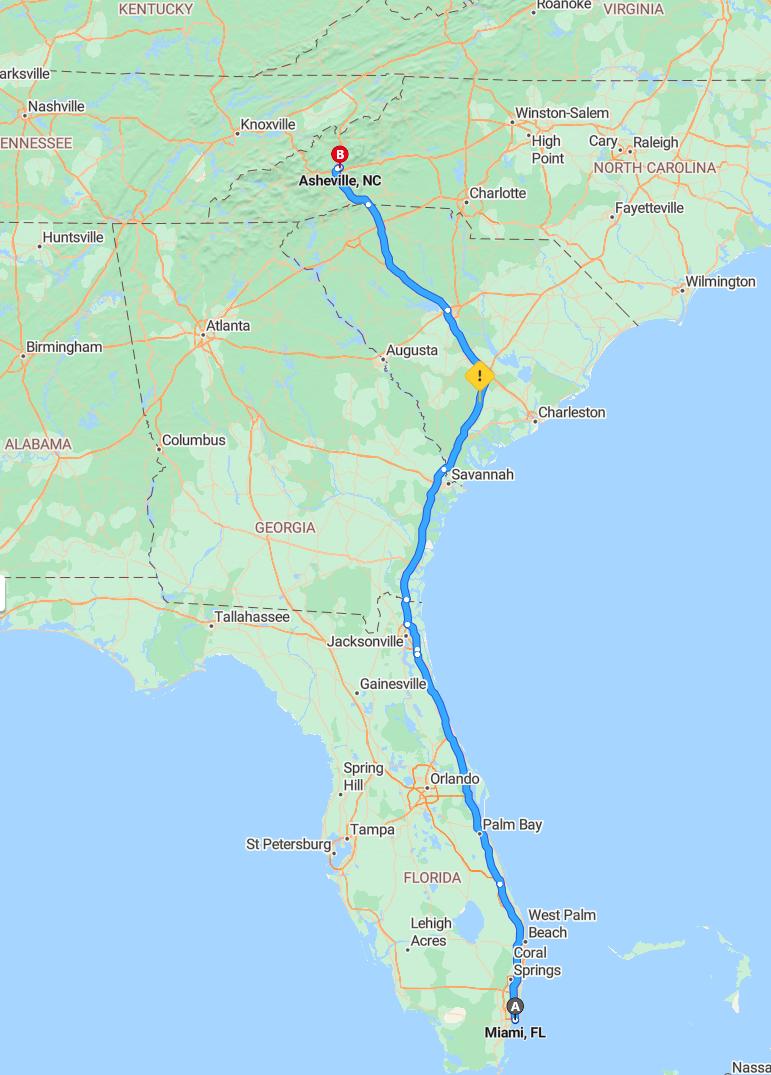 driving from Miami, Florida to AshevilleNorth Carolina - map and route