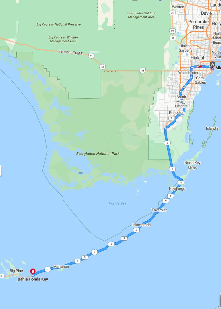 driving from Miami, Florida to Bahia Honda KeyFlorida - map and route