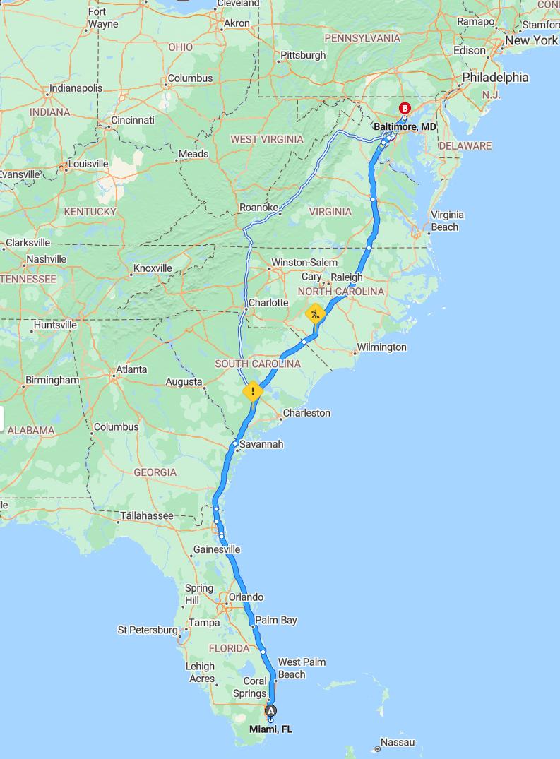 driving from Miami, Florida to BaltimoreMaryland - map and route