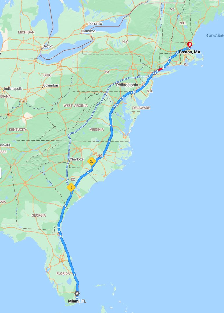 driving from Miami, Florida to BostonMassachusetts - map and route