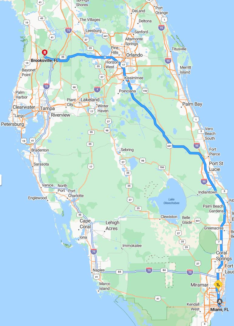 driving from Miami, Florida to BrooksfieldFlorida - map and route