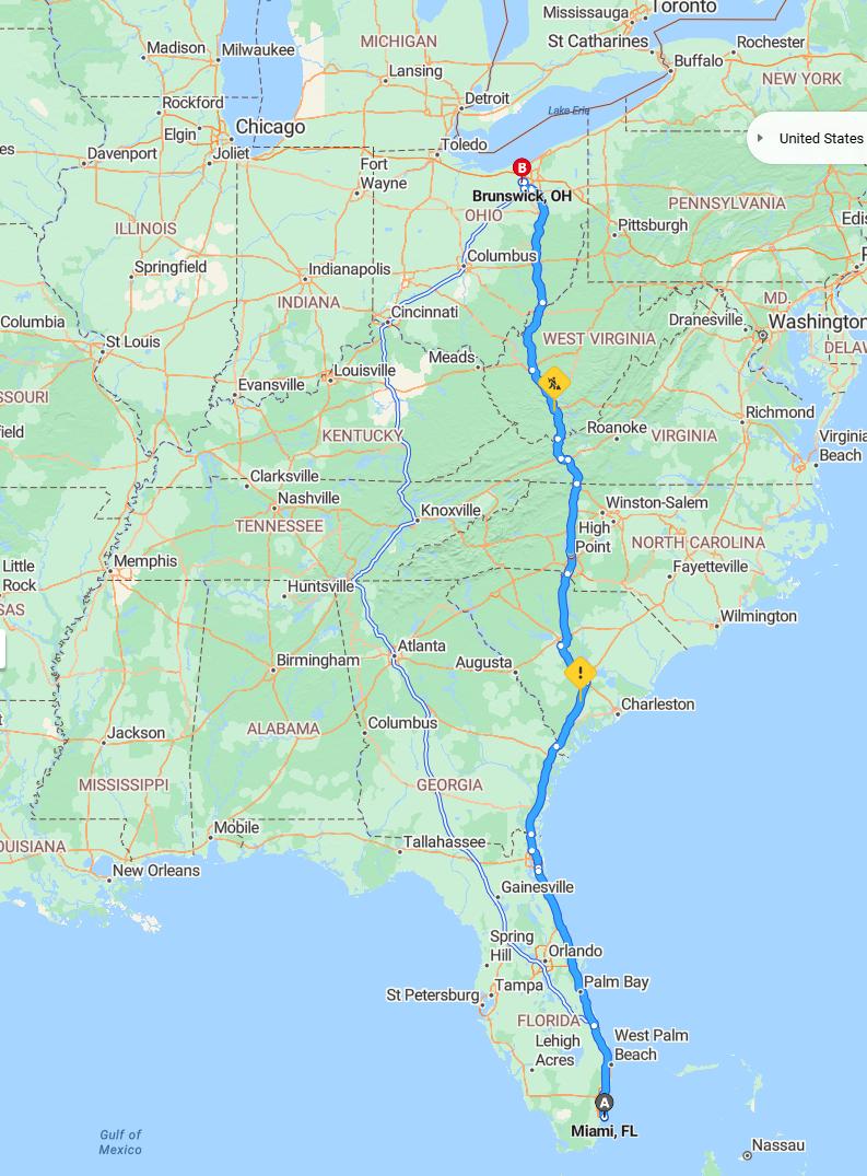 driving from Miami, Florida to BrunswickOhio - map and route