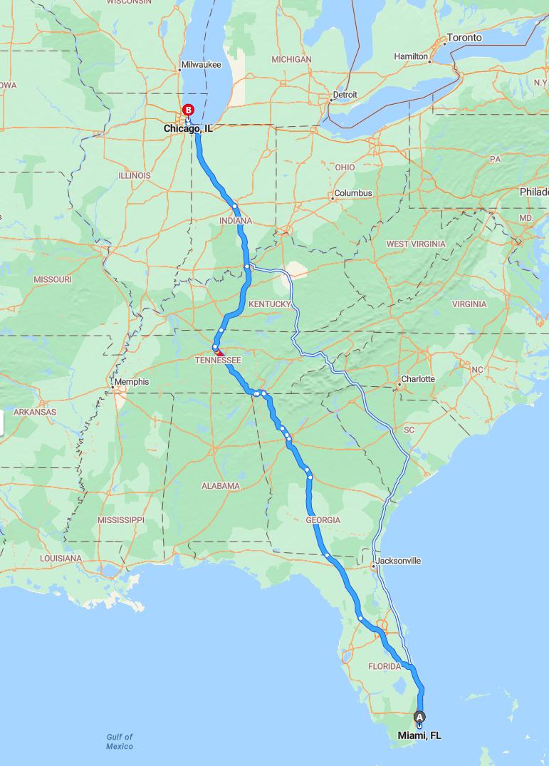driving from Miami, Florida to ChicagoIllinois - map and route