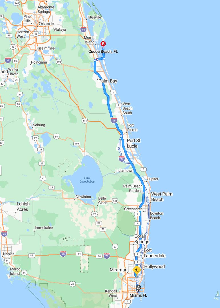 driving from Miami, Florida to Cocoa BeachFlorida - map and route