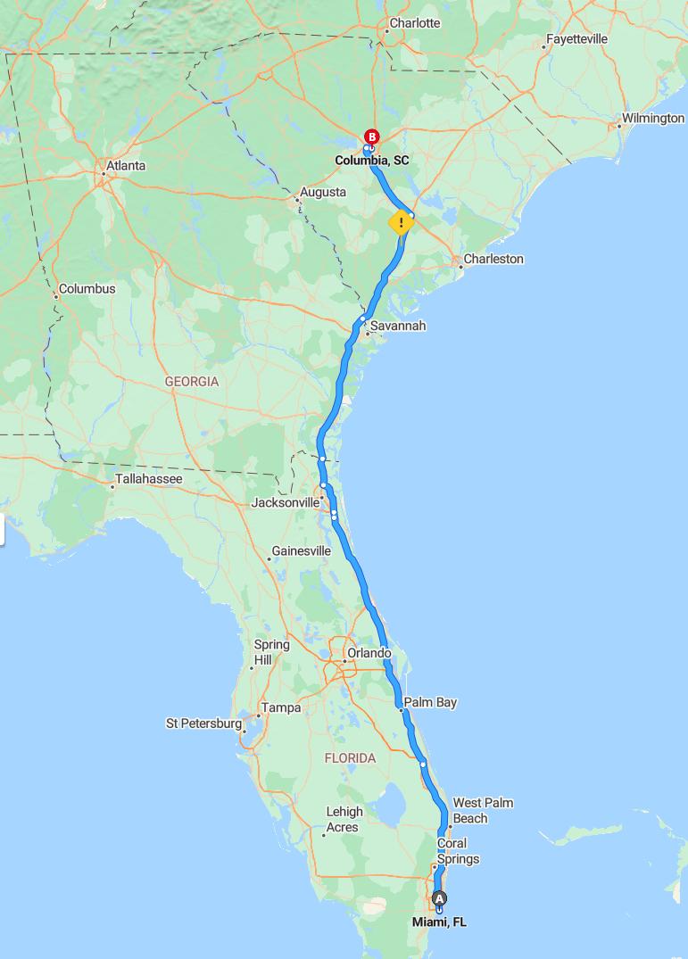 driving from Miami, Florida to ColumbiaSouth Carolina - map and route