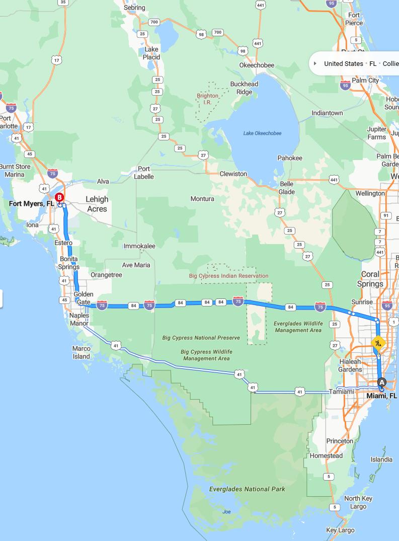 driving from Miami, Florida to Fort MyersFlorida - map and route