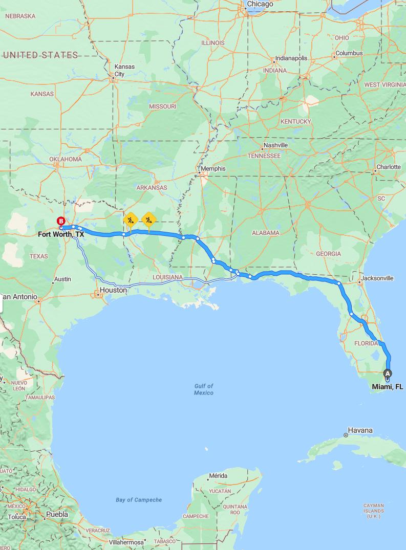 driving from Miami, Florida to Fort WorthTexas - map and route