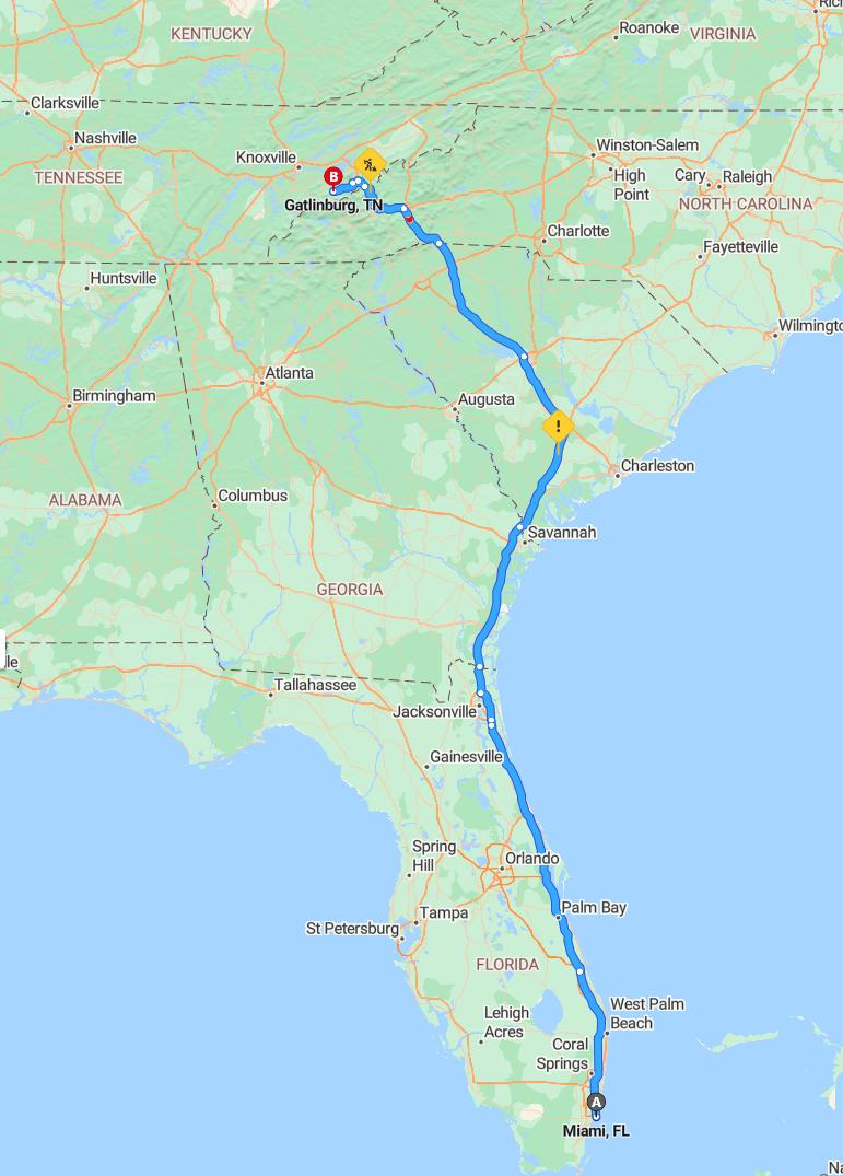 driving from Miami, Florida to GatlinburgTennessee - map and route