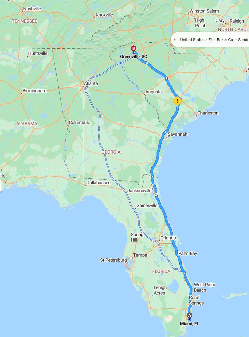 driving from Miami, Florida to GreenvilleSouth Carolina - map and route