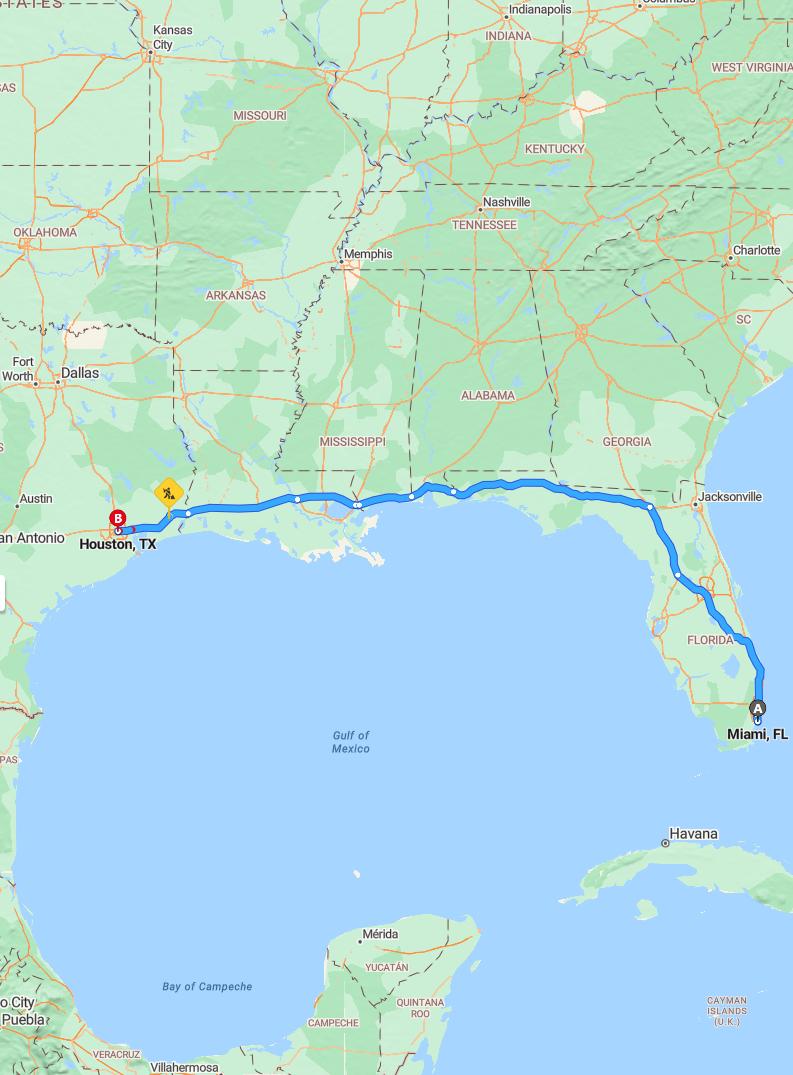 driving from Miami, Florida to HoustonTexas - map and route