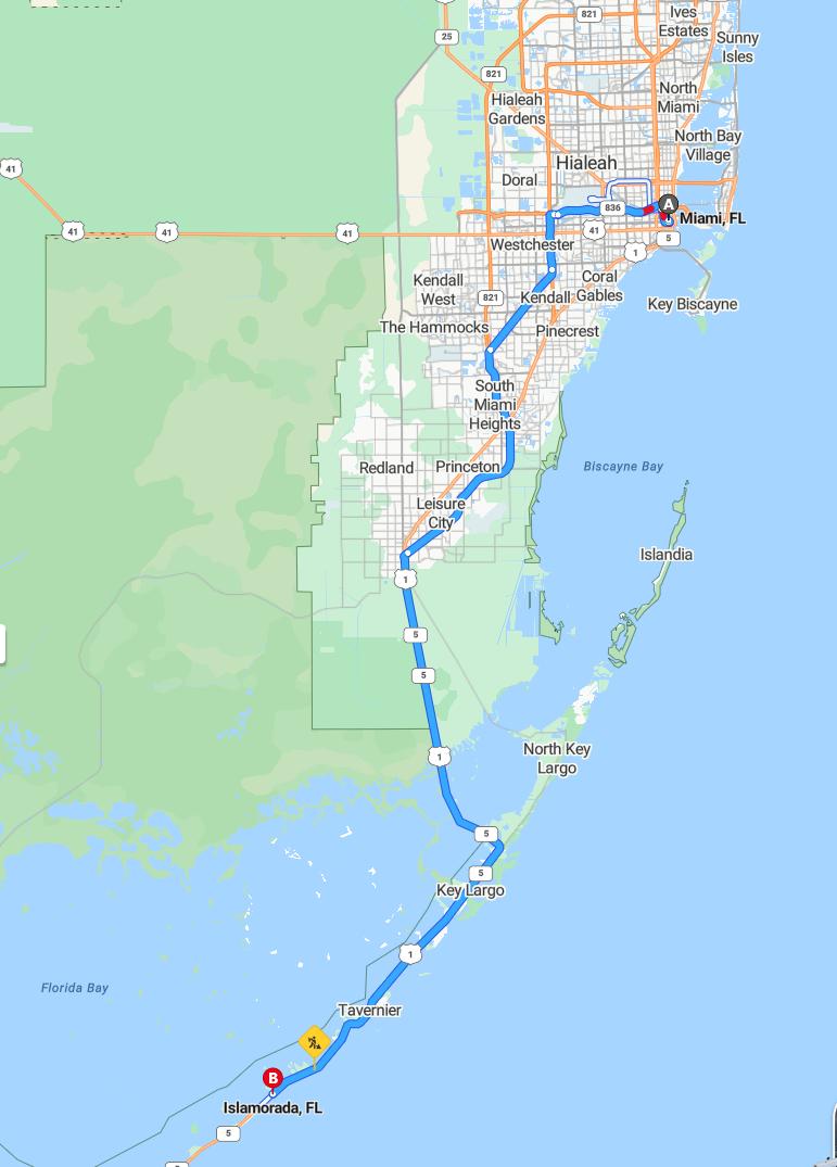 driving from Miami, Florida to IslamoradaFlorida - map and route